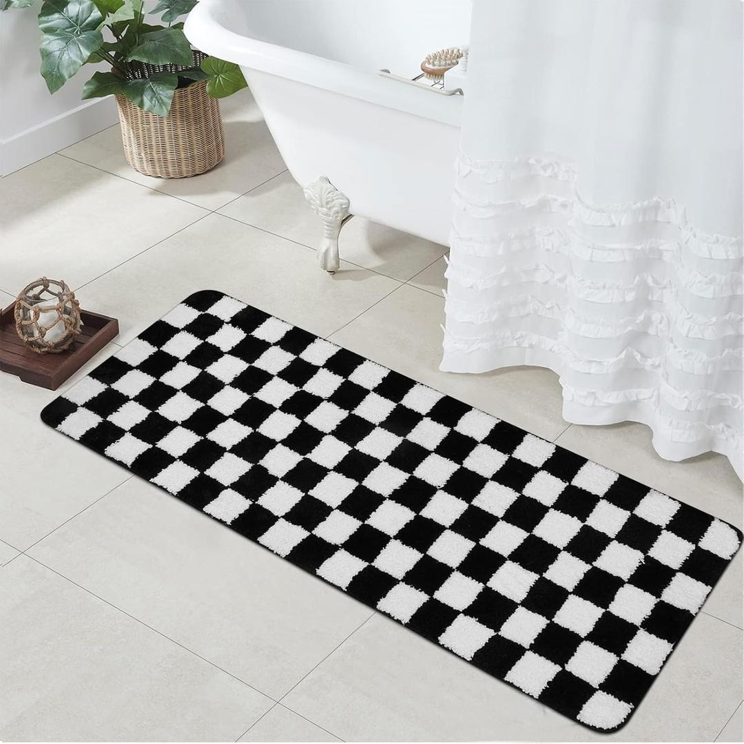 Uphome Bathroom Runner Rug, Black and White Checkered Long Machine Washable Bath Mat Non Slip, 18x47 Water Absorbent Soft Microfiber Bath Rug for Tub, Shower, Floor (1'6" x 3'11" (Rectangular)