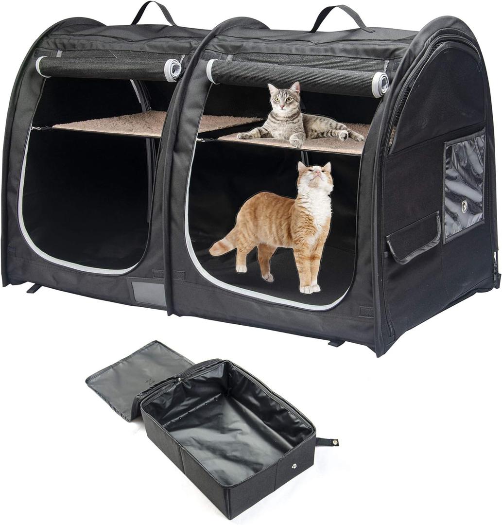 Mispace Portable Twin Compartment Show House Cat Cage Condo,Comfy Puppy Home Dog Travel Crate with Carry Bag/2 Hammocks/Mats & Collapsible Litter Box