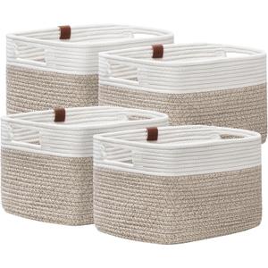 UBBCARE 4 Pack Baskets for Organizing, Woven Storage Baskets with Label for Toys and Towel, Rectangle Cotton Rope Basket with Handles, 14''L x9''W x8''H, White&Brown