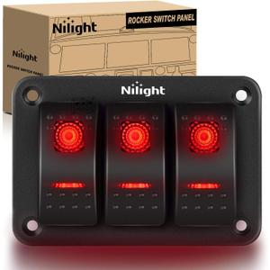 Nilight - 90019C 3 Gang Aluminum Rocker Switch Panel Toggle Dash 5 Pin ON/Off Pre-Wired Rocker Switch Red Backlit Switch for Automotive Car Marine Boat RV