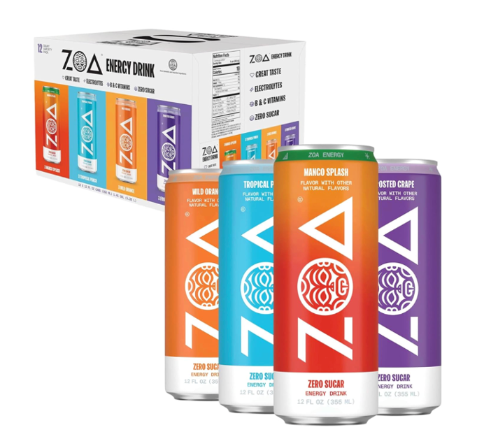 ZOA Zero Sugar Energy Drinks, Variety Pack - Sugar Free with Electrolytes, Healthy Vitamin C, Amino Acids, Essential B-Vitamins, and Caffeine from Green Tea (MS, TP, FG, WO)- 12 Fl Oz (12-Pack), BB 09-07-26