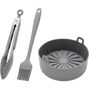 4-Piece Set Silicone Pot Basket with Handles, Brush, Tongs for Air Fryer Liner (6.3 In, Gray)