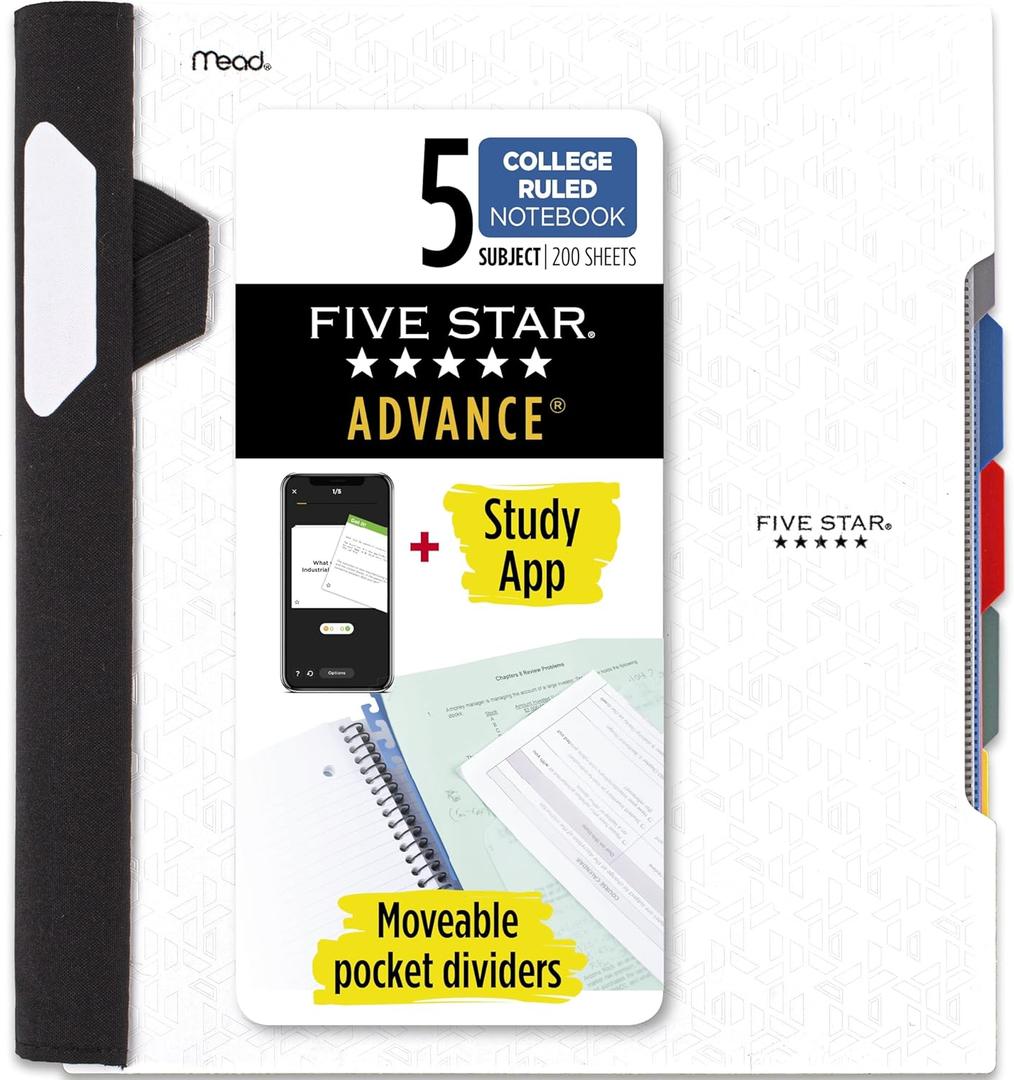 Five Star Advance Spiral Notebook + Study App, 5 Subject, College Ruled Paper, 8-1/2" x 11", 200 Sheets, Spiral Guard, Movable Tabbed Dividers, White (73154)