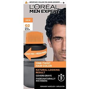 L’Oreal Paris Men Expert One Twist Mess Free Permanent Hair Color, Mens Hair Dye to Cover Grays, Easy Mix Ammonia Free Application, Real Black 02, 1 Application Kit 2 Pack