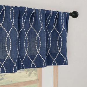 Chyhomenyc Kitchen Valances for Windows - Light Filtering Faux Linen Textured 3D Wave Line Rod Pocket Short Window Treatment Valance for Living Room Bathroom, 52Wx18L, 1 Piece, Navy Blue