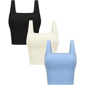 OLCHEE Womens 3 Pack Crop Tank Tops Basic Seamless Ribbed Sleeveless Square Neck Workout Top Summer Exercise Yoga Gym Shirts XS