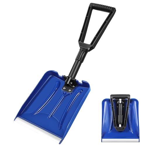 Folding Snow Shovel with Aluminum Edge, Portable Collapsible D-Grip Handle Shovel for Snow Removal, Lightweight Emergency Snow Shovel for Car, Truck, Recreational Vehicle, etc. (Blue)
