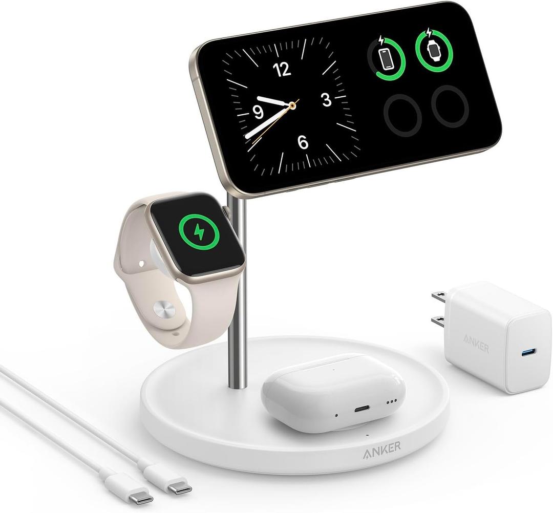 Anker MagSafe Charger Stand Compatible, iPhone 17 MagGo 3 in 1 Wireless Charging Station,Qi2 Certified 15W Wireless Charger, Desk Accessory, for iPhone 15/14/13/12 Series Apple Watch, AirPods (White)
