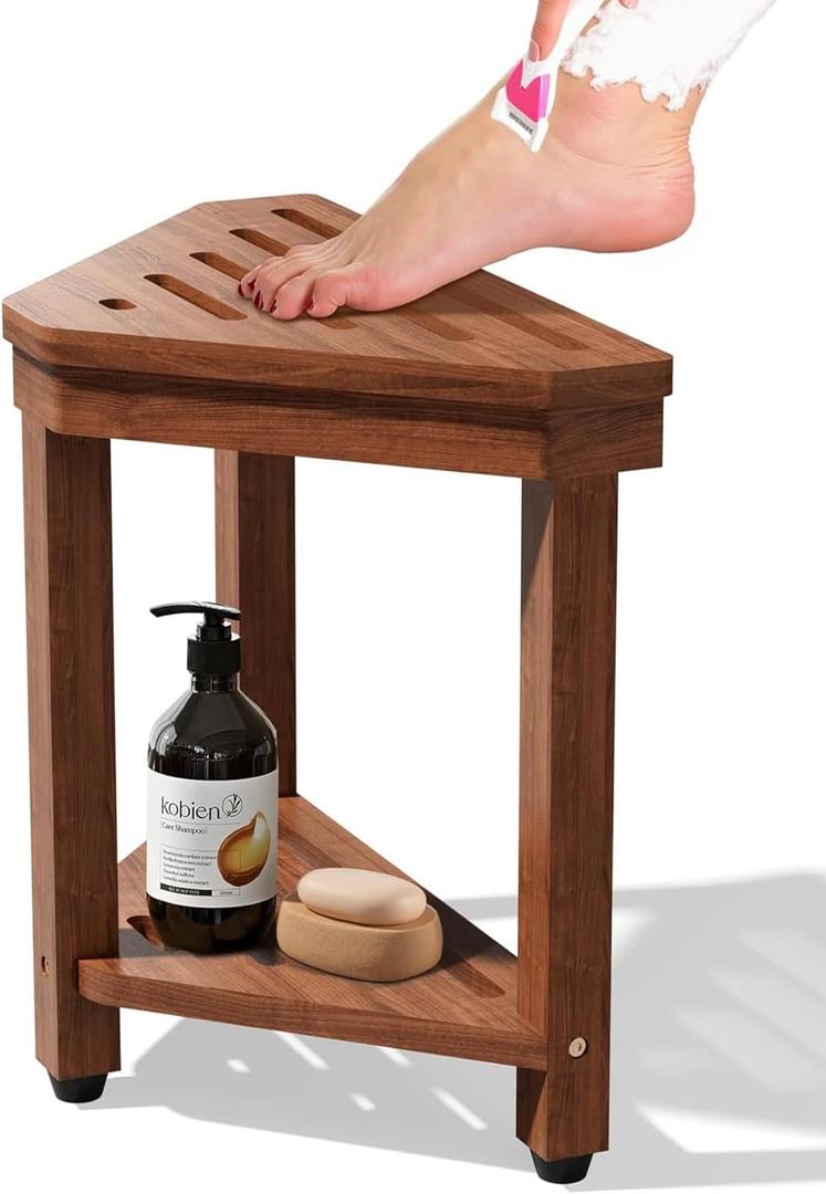 Shower Foot Rest 15 in, Acacia Shower Stool for Shaving Legs,Corner Bath Shower Bench with Starage Shelf for Inside Small Shower Spaces