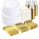 Supernal 700PCS Gold Plastic Dinnerware Set - Includes 100 White and Gold Plates Disposable, 100 Dessert Plates, 100 Plastic Silverware Set, 100 Cups 9 OZ, 100 Napkins Ideal for Wedding Party Birthday