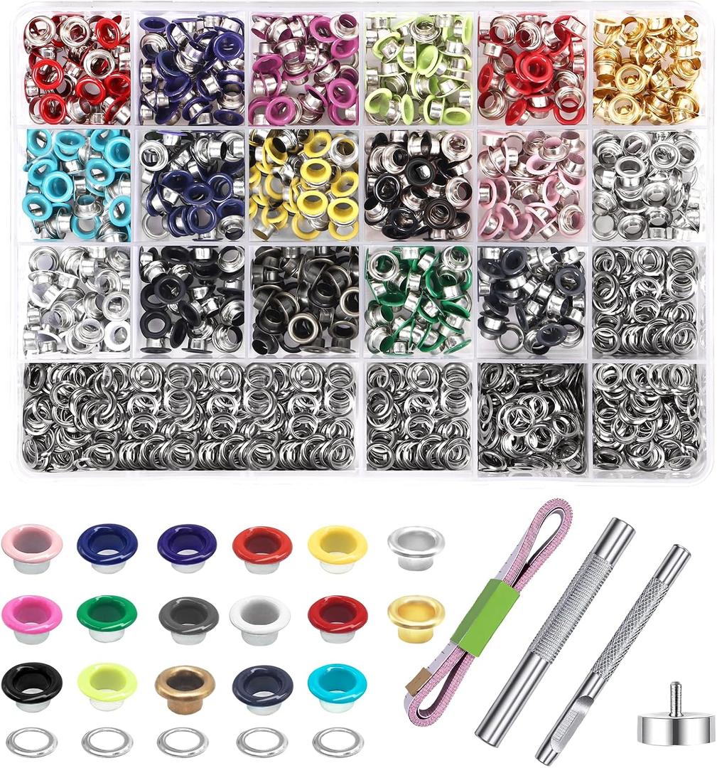 Metal Eyelets Grommets, 680Pcs 17 Colors 3/16 inch Metal Grommets Kit, Multi-Color Eyelets Set with Installation Tool, Measuring Tape and Storage Box for DIY Shoes Belt Clothes Crafts Bag