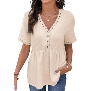 Dokotoo Women's Short Sleeve Babydoll Tops Lace Trim V Neck Cotton Tunic Shirts for Women 2026 Summer Spring Blouse (X-Large, Apricot)