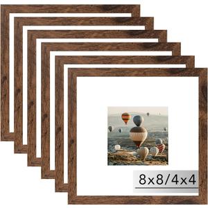 8x8 Picture Frame Set of 6 for Wall Hanging or Tabletop, Display 4 x 4 with Mat or 8 x 8 without Mat, Wood Square Photo Frames Bulk, 6 Pack, Deep Brown