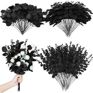 Giegxin 180 Pcs 3 Kinds Mixed Eucalyptus Leaves Stems Bulk Artificial Silver Dollar Leaves Picks Dried Eucalyptus Bundle Faux Spray for Wedding Vase Bouquet Floral Arrangement (Black)