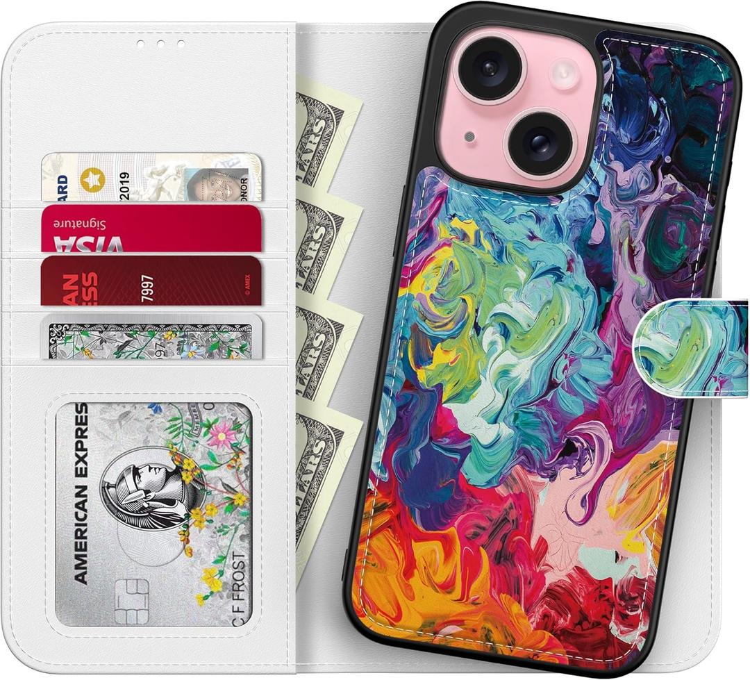 LUMARKE Designed for iPhone 15 Plus Wallet Case - Detachable Flip Folio Cover - RFID Blocking 4 Card Slots Holder - Leather Magnetic Kickstand - Protective Phone Case 6.7",ful Painting