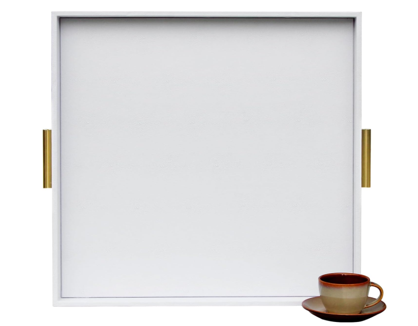 HofferRuffer Extra Large Square Serving Tray, Elegant Faux Leather Ottoman Tray with Gold Hardware Handles, Serve Tea, Coffee or Breakfast in Bed, 24 x 24 inches (White Shagreen)