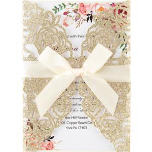 50Pcs Laser Cut Invitations with Envelopes and RSVP Cards Gold Glitter Hollow Rose Shape Wedding Invitation with Pre-tied Ribbons for Wedding Quinceanera Bridal Shower Engagement Party