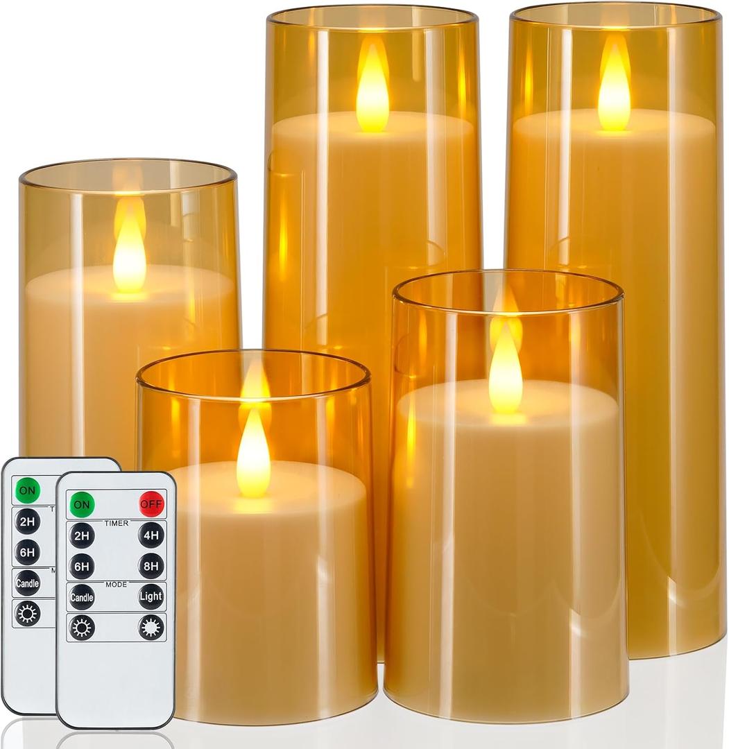 Homemory Realistic Flickering Flameless Candles, Battery Operated Candles with Remote Control and Timer, LED Fake Electric Candle for Home, Christmas Decoration, Gold, Set of 5 (D3"xH4"5"6"8"8")