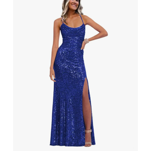 Stylefun Blue Lace Sequin Mermaid Prom Dresses Long 2025 for Women V Neck Pleated Formal Party Dress with Slit Cocktail Dress US8, Size Large