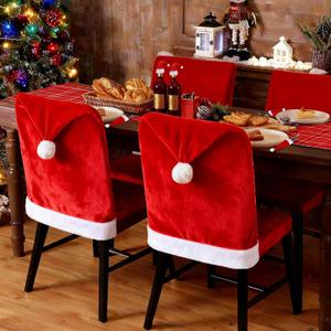 Christmas Chair Cover, Santa Hat Chair Covers with 6Pcs Silverware Holders Santa Chair Back Cover for Christmas Dinner Table Holiday Party Decoration