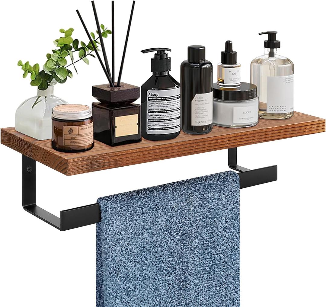 Hand Towel Holder/Towel Ring with Wooden Shelf, Hand Towel Rack, Hand Towel Hanger for Bathroom, Bath Accessories Wall Mounted (Matte Black, 12 Inch-Metal)