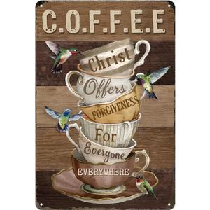 Coffee Sign Coffee Lover Gifts Christ Offers Forgiveness For Everyone Everywhere Sign Vintage Metal Tin Signs For Friends Family Bar Wall Decoration (01)