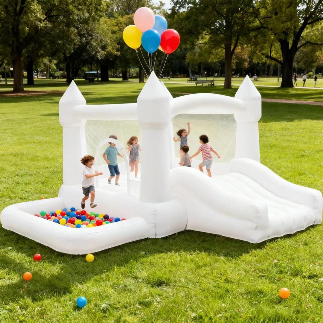White Inflatable Bounce House Indoor/Outdoor, Jumper with Slide and Water Pool/Ball Pool for Outdoor Garden, Backyard Fun, Perfect for Wedding, Birthdays & Family Gatherings