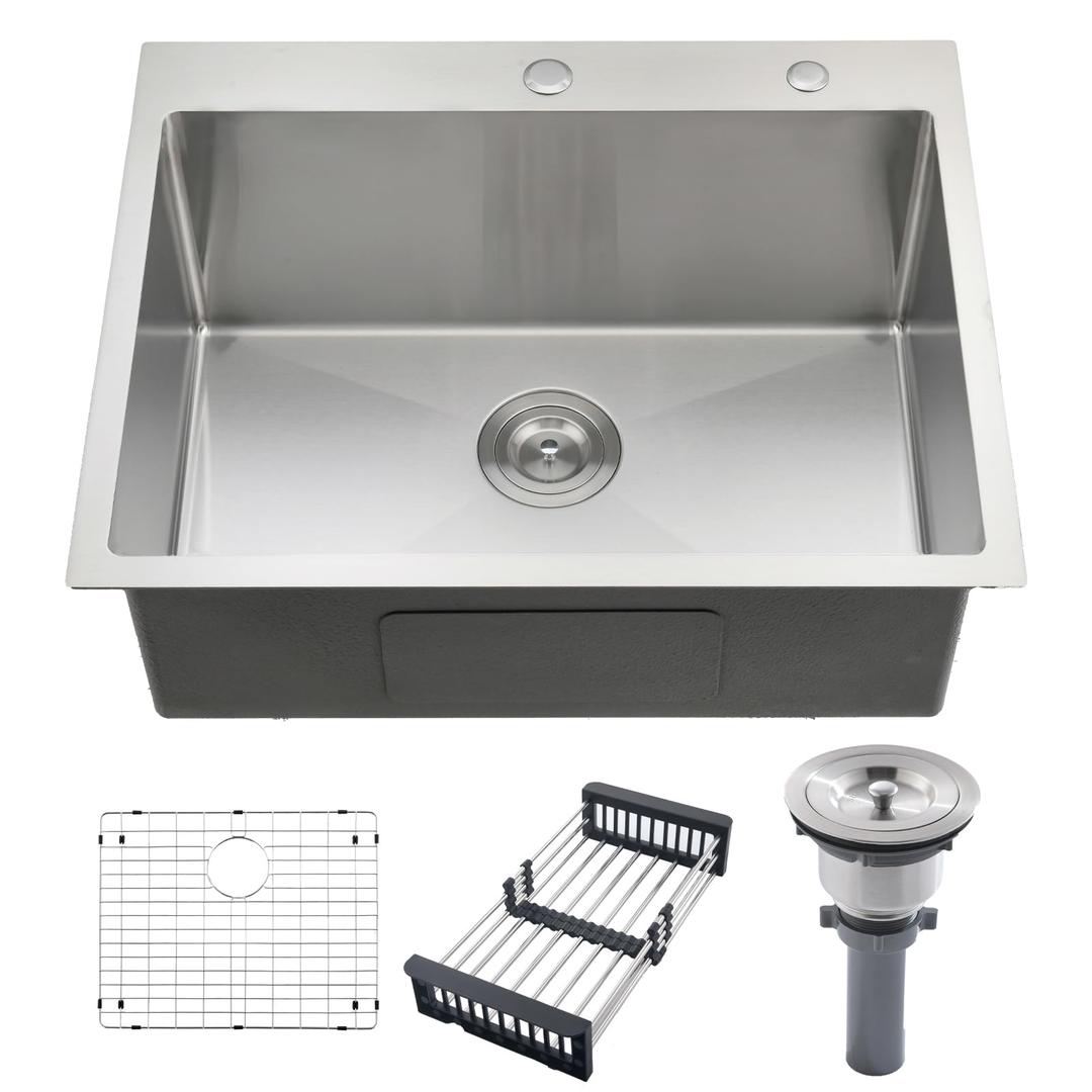 WMXQX 25x22 Drop In Kitchen Sink, 25 Inch Drop In Utility Sink Top Mount Outdoor Sink 18 Gauge Stainless Steel Brushed Nickel Single Bowl Kitchen Sinks with Drain