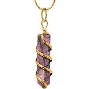 Rhodonite Crystal Necklace Pendant For Women, Gold Wire Wrapped Dainty Minimalist Healing Crystal Necklaces For Men Kids Unisex Necklace Jewelry With 20" Inches Adjustable Chain & Leather Cord