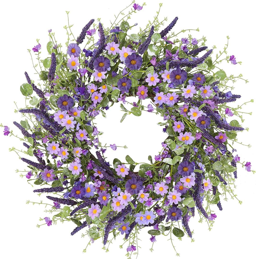Sggvecsy Purple Daisy Wreath 24 Inch Spring Summer Wreath with Fake Silk Floral Green Eucalyptus Leaves and Lavender for Front Door Window Wall Wedding Farmhouse Festival Decor