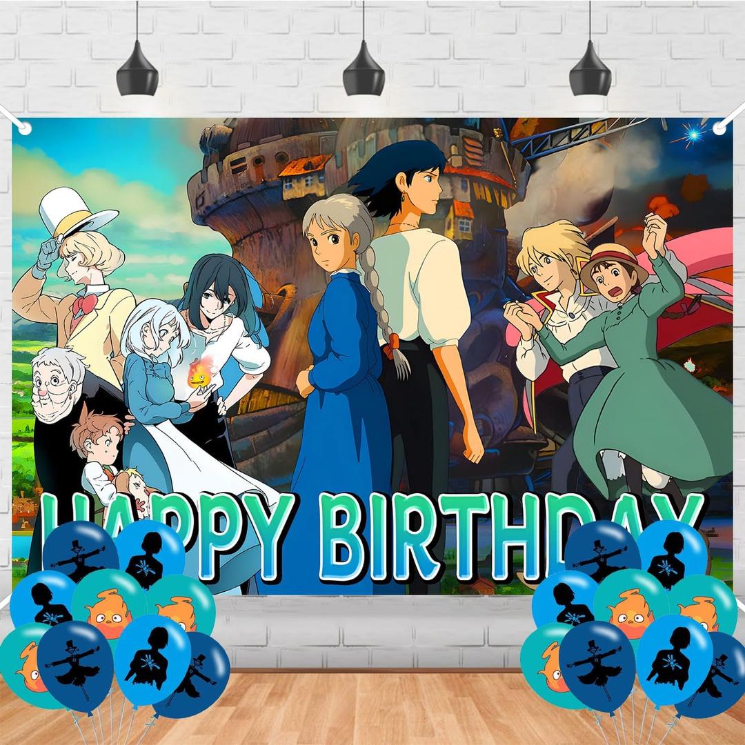 2 x Howls Moving Birthday Party Backdrop and Decoration Anime Castle Banner Cake Topper Shoot Photo Background Props for Boys and Girls - 5x3ft