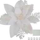 RECUTMS 10 Pcs Christmas Glitter Artificial Poinsettia Flowers 6inch Christmas Tree Decoration Christmas Wreath Holiday Seasonal Decorations (White, 6inch)