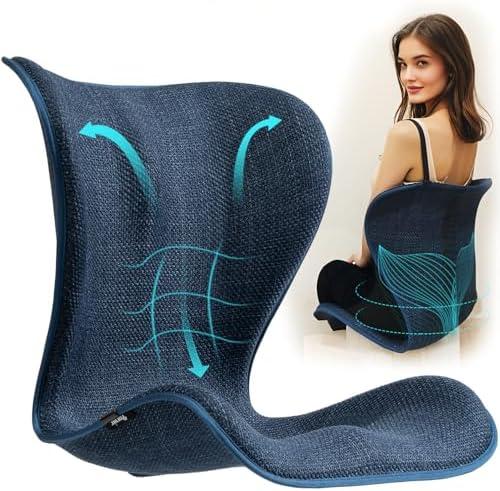 Ergonomic Lumbar Support Backrest Seat Cushion, Lower Waist Posture Corrector for Office Chair Long Sitting Desk Work, Gaming, Reading, One Piece Extra Large Back Straightener for Adult, Deep Blue