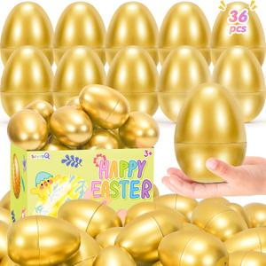 SevenQ Golden Plastic Easter Eggs Empty 36Pcs 3.15" Fillable Easter Basket Stuffers Fidget Toy Easter Gifts for Kids Party Favors Pinata Treasure Box Candy Goodie Bags Fillers Egg Hunt Essentials