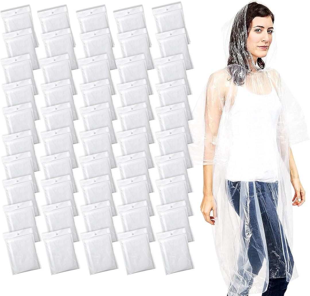 Juvale Disposable Rain Poncho 50 Pack for Adults with Hood - Bulk Emergency Plastic Rain Ponchos - One Size - Individually Wrapped