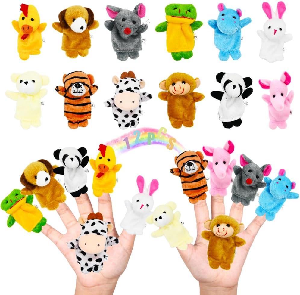 12 Animals Finger Puppets Set, Mouse, Cow, Tiger & More | Educational Pretend Play Toys for Kids Ages 3+ Easter Hunt Filler, Party Favorite Stuffing