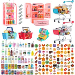 164Pcs Mini Shopping Cart Basket Miniature Food Drink Toy Supermarket Metal Handcart Trolley DollHouse Store Grocery Accessories Kitchen Play Game Party Model Shelves Cash Register Refrigerator Fridge
