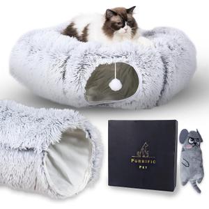 Cat Tunnel Bed for Indoor Cats with Premium Soft Fabric Interior - Upgraded Materials - Large Donut Cat Tunnel, Cat Cave and Hiding Spot, Kitten Doughnut Tunnel, Tunnel Toy Bundle for Cats