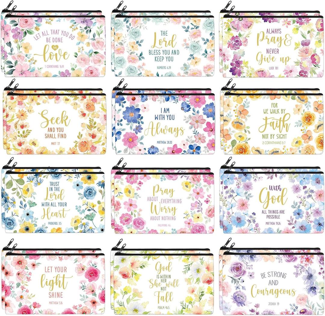 Ganeen 24 Pcs Inspirational Cosmetic Bags for Women Small Makeup Bag Makeup Pouch with Zipper Motivational Quotes for Women Coin Purse Girlfriends Coworkers Friends Gift(Religion)