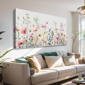 LKY ART Floral Wall Art 20 x 40 inches Watercolor wildflowers Pink Yellow Blue Flowers Canvas Print for Living Room Bedroom Office Home Decor Artwork Ready to Hang