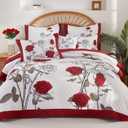 EVENHUG Quilt King Size Red Rose Bedding Set Floral Bedspread Lightweight Reversible Bed Cover with 2 Pillow Shams for All Seasons 3 Pieces (106" X 96")