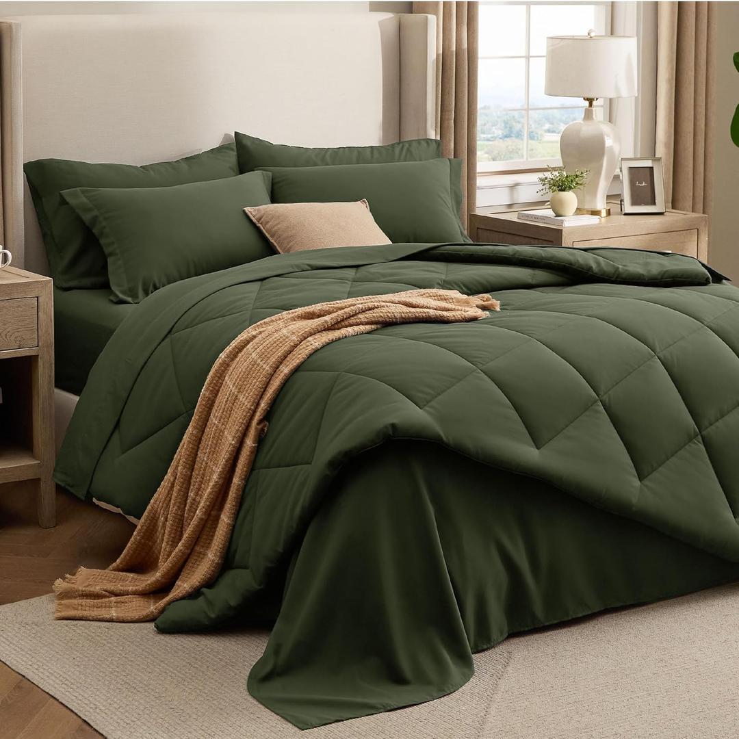 Bedsure 7 Pieces Queen Comforter Set Premium Series, Hotel Luxury Soft Bed in a Bag, Goose Down Alternative, Safe for Sensitive Skin Bedding Comforter All Season Medium Warmth, Olive Green Queen Size