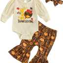 Thanksgiving Baby Girl Outfit My First/1st Little Turkey Romper Onesie Bell Bottoms Pants Fall Winter Clothes (6-12 Months)