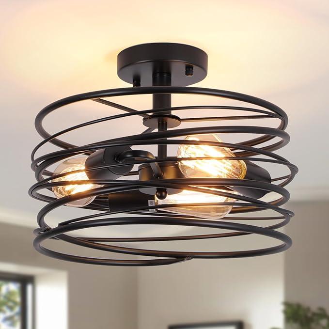 Chanlited Black 3Light Rustic Drum Semi Flush Ceiling Light Fixture, Retro Farmhouse Chandeliers Metal Cage for Dining Room, Industrial Pendant Light Fixture for Entryway Kitchen Foyer Bedroom