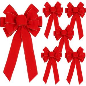 Yuubin 6 Pcs Red Christmas Bows Outdoor Decorations,12x20 Large Velvet Wreath Bow with Glitter String Gold Edge for Xmas Tree Topper Home Front Door Decor
