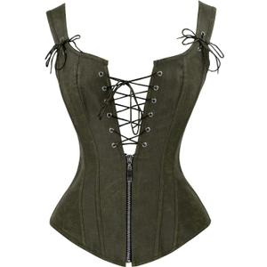 Charmian Women's Renaissance Lace Up Vintage Boned Bustier Corset with Garters (Medium, Olive)