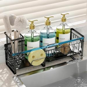 Aurblozen Extra Large Extendable Sponge Holder for Kitchen Sink, Rustproof Sink Caddy Organizer with High Brush Holder, Dish Soap Dispenser Organizers and Storage (Black)