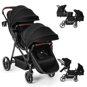 Double Stroller Newborn and Toddler, Foldable Tandem Twin Baby Travel Stroller, Reversible Seat, 5-Point Harness, Adjustable Backrest, Storage Basket/Cup Holder, for 0-36 Months