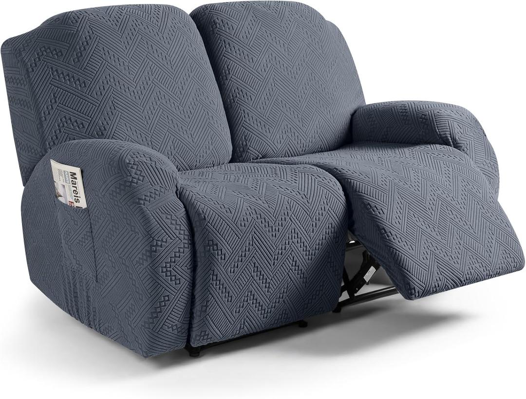 Ruaozz Recliner Sofa Covers Recliner Chair Covers Loveseat Recliner Slipcovers with Pockets Washable Furniture Protector with Elastic Bottom (2 Seater, Grey)