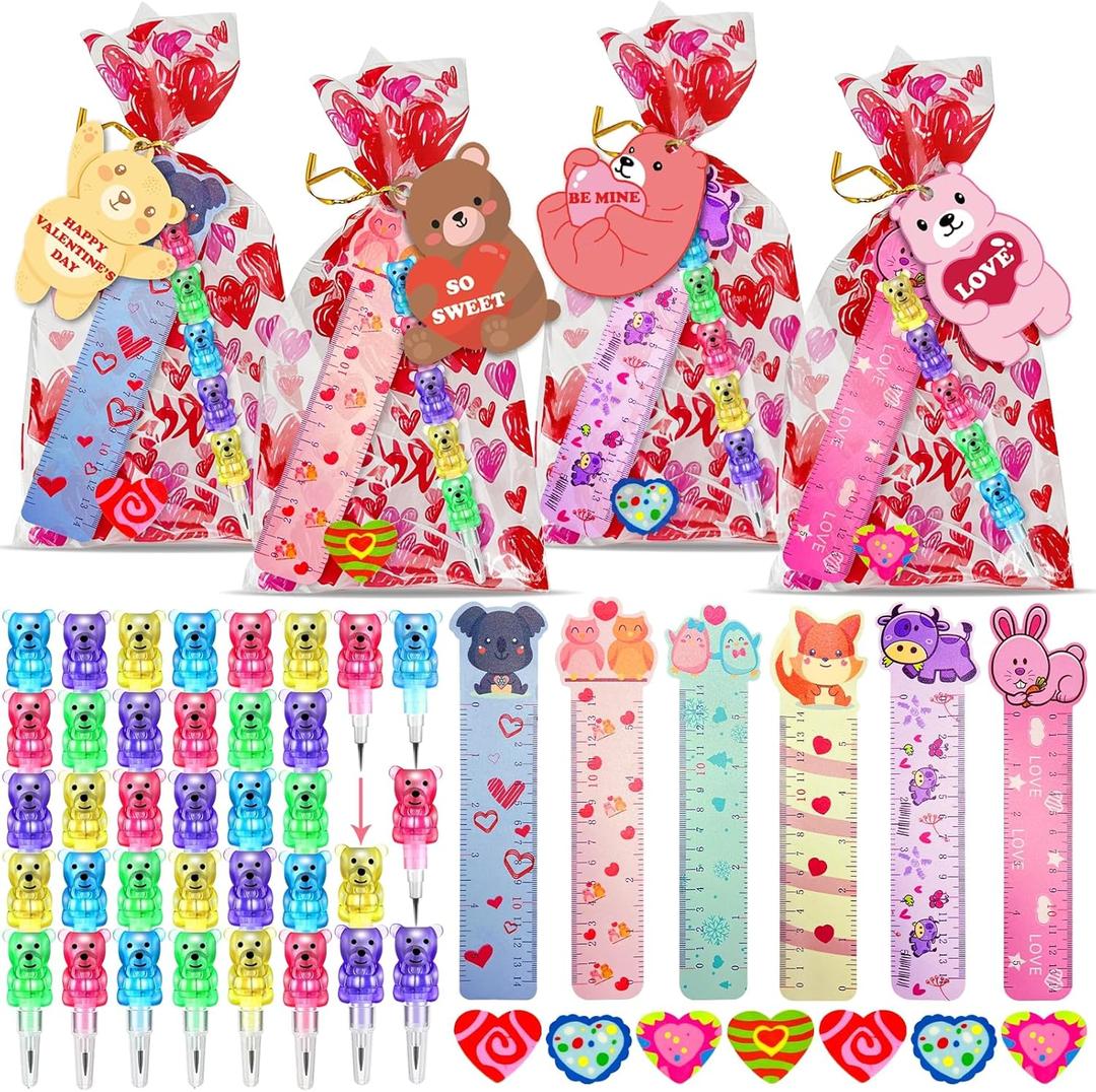 24 Pack Valentines Day Classroom Exchange Gift for Kids with Stationery Set Assorted Valentines Day Cards for Kids School Valentines Party Favors for Class with Goodie Bag and Pencils, Erasers, Rulers